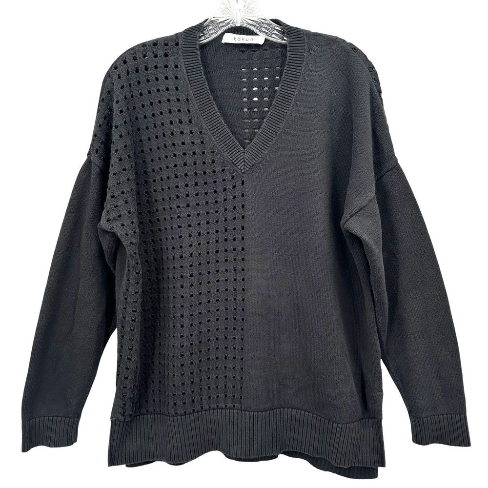 Kokun Women's Cotton V neck Sweater Alternate Open Knit Size Large